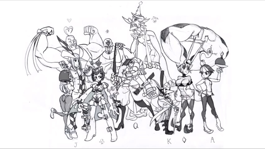 5boys 5girls ahoge alex_ahad animal animal_on_head ass beatrix_(skullgirls) bird bird_on_head breasts cerebella_(skullgirls) chinese_clothes cleavage facial_hair feathers feng_(skullgirls) hat heart_ahoge highres horn hubrecht_(skullgirls) hubrecht_hertz_adelhardt knife multiple_boys multiple_girls muscle muse_(skullgirls) mustache official_art pointy_ears regina_(skullgirls) skullgirls taliesin_(skullgirls) tattoo vice-versa_(skullgirls)