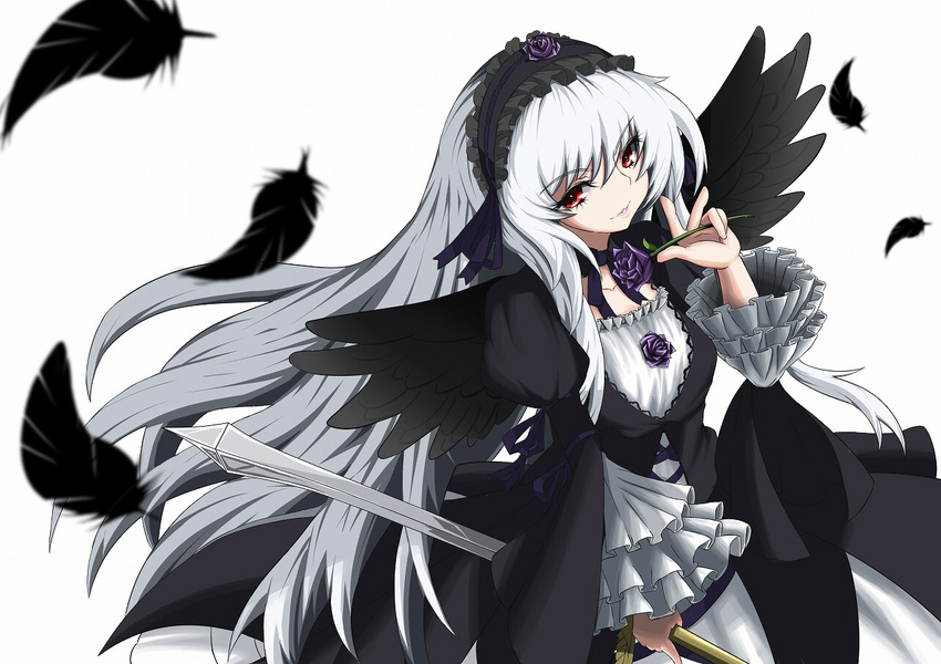 dress feathers flower gothic_lolita hairband lolita_fashion long_hair pov0178 purple_eyes rose rozen_maiden solo suigintou sword weapon white_hair wings