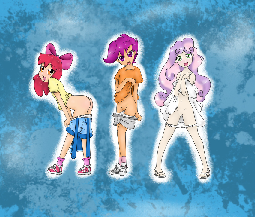 2013 anibaruthecat apple_bloom_(mlp) bottomless bow butt child clothing friendship_is_magic hair human humanized looking_at_viewer my_little_pony not_furry open_mouth purple_hair pussy red_hair scootaloo_(mlp) shirt shoes standind sweetie_belle_(mlp) underwear young zekromlover