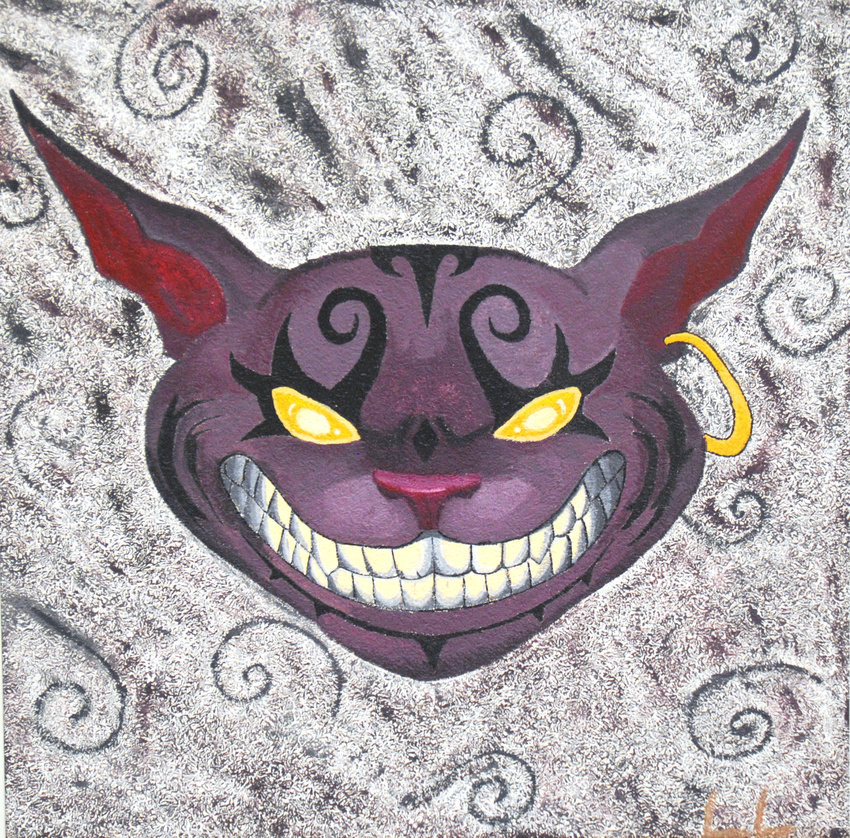 abstract_background absurd_res alice_in_wonderland ceiling_tile cheshire_cat ear_piercing evil feline flowing glowing glowing_eyes hi_res jewelry llombard17 mammal nightmare_fuel open_mouth painting photo piercing pink_nose purple_skin real solo tattoo teeth tile tooth video_games yellow_eyes