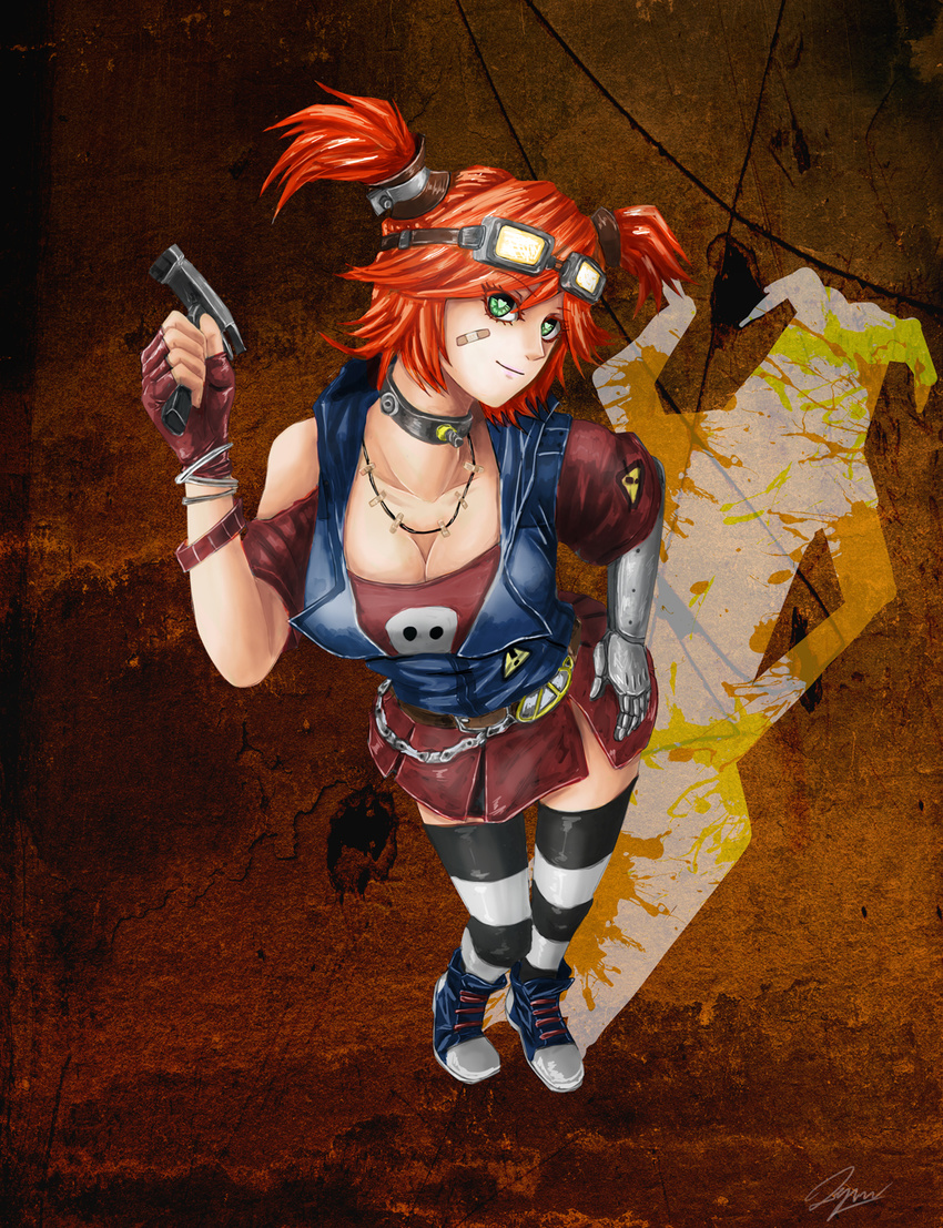 bandaid bandaid_on_face belt borderlands borderlands_2 bracelet breasts choker cleavage fingerless_gloves gaige gloves goggles green_eyes hammer hand_on_hip heart heart-shaped_pupils highres jewelry large_breasts necklace prosthesis red_hair smile solo striped striped_legwear symbol-shaped_pupils tepuya thighhighs twintails