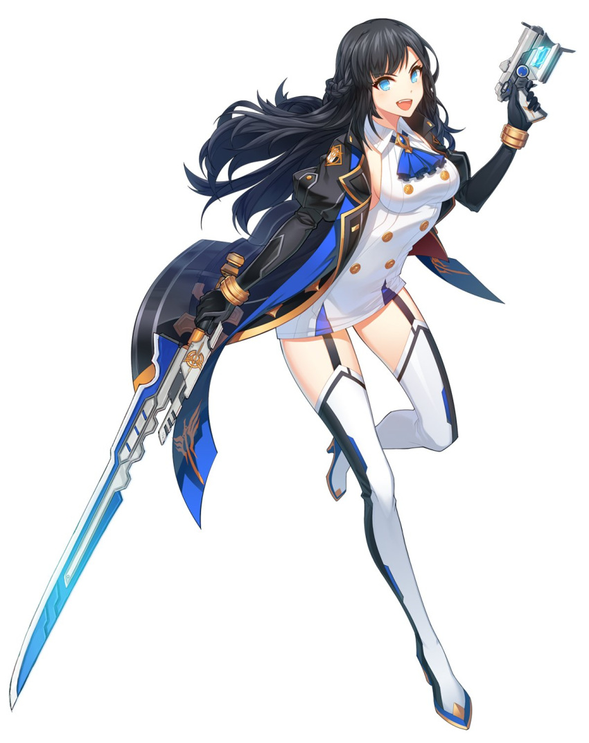 1girl alternate_costume alternate_hairstyle bangs black_coat black_gloves black_hair blue_eyes blue_neckwear boots braid breasts closers coat crown_braid dress garter_straps gloves gun handgun high_heel_boots high_heels highres holding holding_gun holding_sword holding_weapon large_breasts long_hair looking_at_viewer official_art open_clothes open_coat open_mouth sideboob sidelocks sleeveless sleeveless_dress solo source_request sword thigh_boots thighhighs weapon yuri_seo