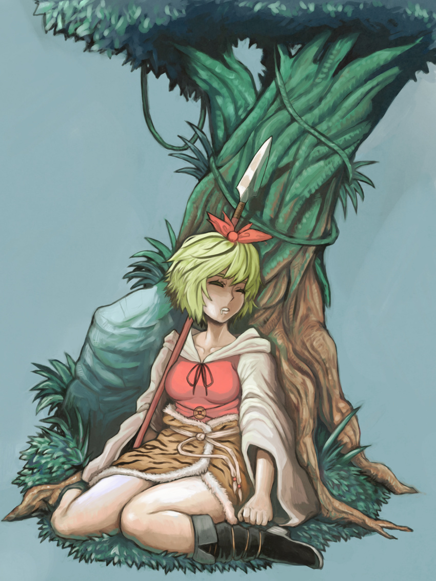 animal_print bad_id bad_pixiv_id bishamonten's_spear blue_background boots breasts coin collarbone drooling full_body grass hair_ornament highres hoshitetsu_ringo impossible_clothes impossible_shirt long_sleeves medium_breasts moss multicolored_hair polearm rock shirt short_hair simple_background sitting sleeping solo spear tiger_print toramaru_shou touhou tree two-tone_hair wariza weapon wide_sleeves