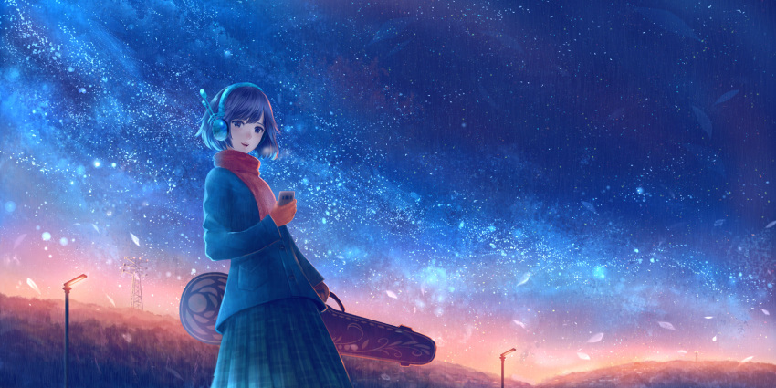 1girl bangs black_eyes black_hair black_skirt blue_jacket buttons cellphone commentary_request gloves gradient_sky grass guitar_case headphones highres holding holding_phone instrument_case jacket lamppost long_sleeves night night_sky orange_gloves original outdoors phone plaid plaid_skirt pleated_skirt power_lines red_scarf sakimori_(hououbds) scarf scenery short_hair skirt sky solo standing star_(sky) starry_sky wide_shot