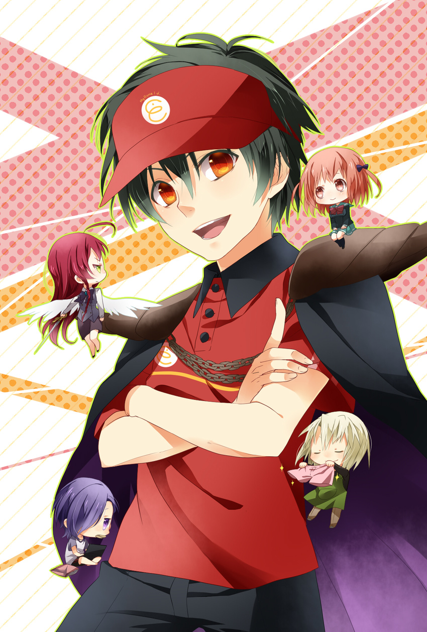 3boys apron ashiya_shirou black_hair boxers brown_eyes brown_hair cape chibi closed_eyes clothes_writing computer eating employee_uniform fast_food_uniform hajime hataraku_maou-sama! highres laptop long_hair maou_sadao multiple_boys multiple_girls purple_hair red_hair ribbon sasaki_chiho school_uniform short_hair short_twintails simple_background smile twintails underwear uniform urushihara_hanzou visor_cap white_hair wings yusa_emi