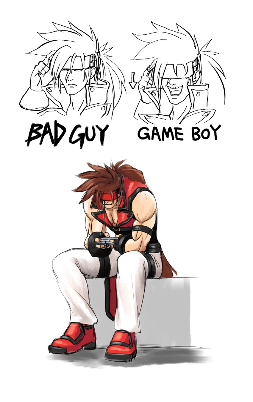 brown_hair fingerless_gloves frown game_console gloves guilty_gear handheld_game_console happy headset highres kihou_kanshouzai long_hair male_focus multiple_views muscle playing_games ponytail sitting smile sol_badguy spiked_hair vest virtual_boy