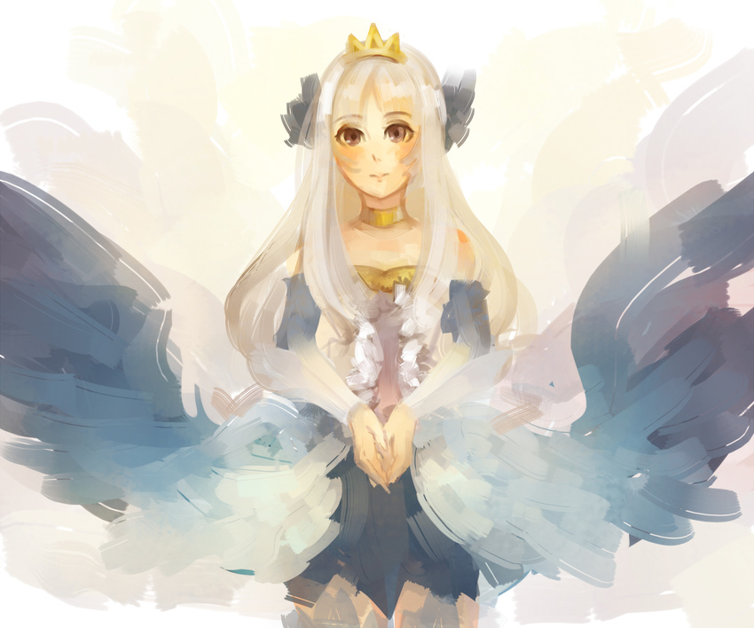 anonymous_drawfag armor armored_dress brown_eyes choker crown detached_sleeves dress faux_traditional_media gwendolyn hair_down hair_ornament highres long_hair mini_crown odin_sphere smile solo strapless strapless_dress valkyrie white_hair wings
