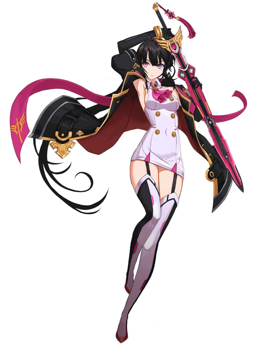 1girl alternate_costume armpits arms_up bai_winchester bangs black_coat black_gloves black_hair boots breasts closers coat dress garter_straps gloves heterochromia high_heel_boots high_heels highres lavender_eyes long_hair medium_breasts official_art open_clothes open_coat pink_eyes pink_neckwear sleeveless sleeveless_dress solo source_request sword thigh_boots thighhighs very_long_hair weapon white_background