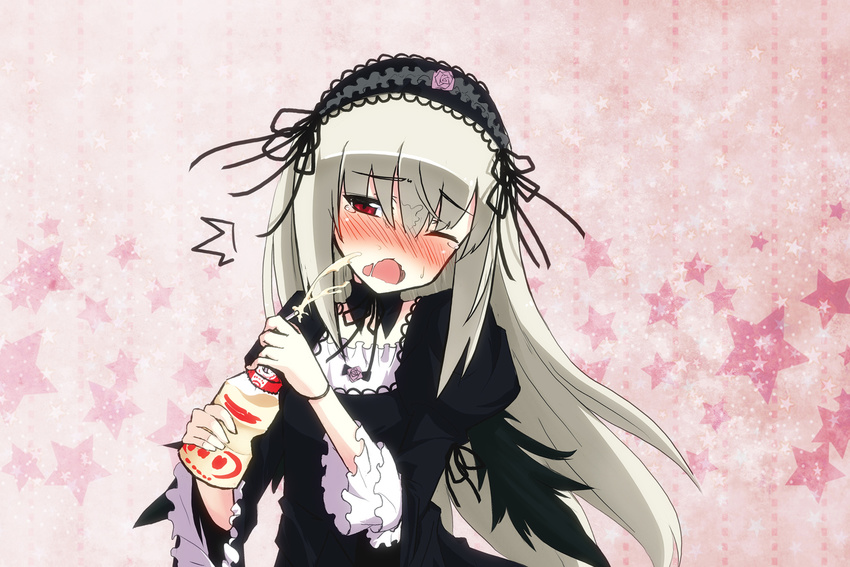 bad_id bad_pixiv_id drink highres long_hair rozen_maiden sexually_suggestive solo suggestive_fluid suigintou uiu white_hair yakult