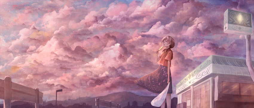 bag brown_hair cloud evening food highres landscape long_hair looking_away original pink popsicle profile sakimori_(hououbds) shopping_bag skirt skirt_lift sky solo twintails wind