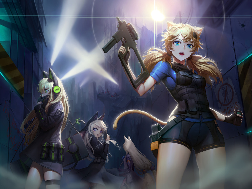 4girls adjusting_clothes animal_ears assault_rifle banajune bangs black_coat black_gloves black_shorts blonde_hair blue_eyes blue_shirt blush bow breasts brown_hair bushman_idw cat_ear_headphones cat_ears cat_tail character_name covered_mouth cross dress eyebrows_visible_through_hair finger_on_trigger fingerless_gloves floating_hair g41_(girls_frontline) girls_frontline gloves green_eyes gun h&amp;k_g41 habit hair_between_eyes hair_ornament hairclip handgun headphones heckler_&amp;_koch holding holding_gun holding_walkie-talkie holding_weapon idw_(girls_frontline) jacket leotard lights long_hair long_sleeves looking_at_viewer low-tied_long_hair low_twintails medium_breasts mod3_(girls_frontline) multiple_girls night nun open_mouth outdoors p7 p7_(girls_frontline) pistol pouch purple_eyes ribbon rifle ruins shirt shorts sidelocks silver_hair small_breasts snap-fit_buckle steyr_tmp submachine_gun tactical_clothes tail tail_ribbon thigh_strap thighhighs tmp_(girls_frontline) twintails very_long_hair vest walkie-talkie weapon weapon_case wind