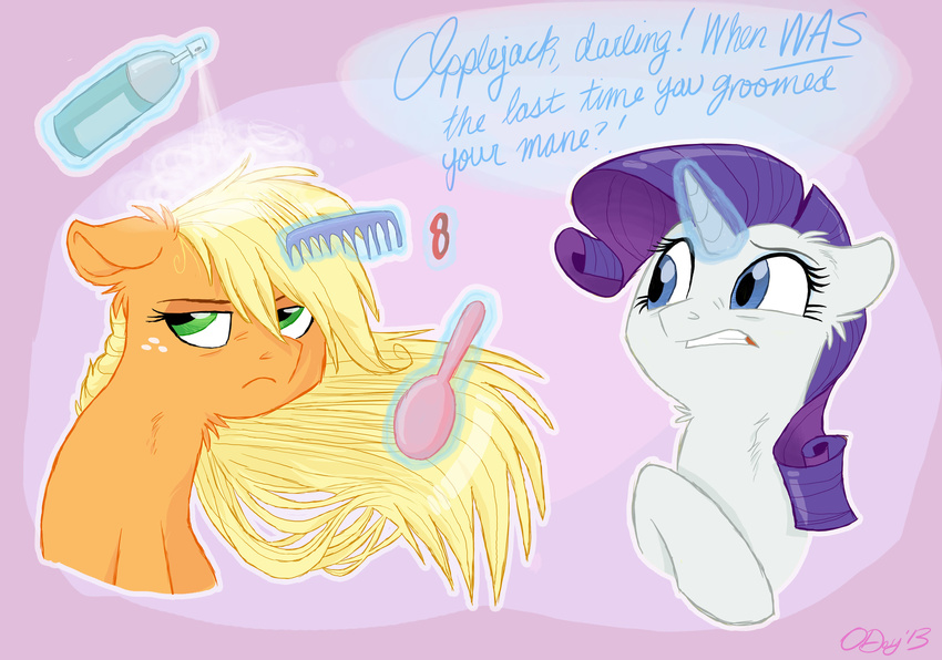 annoyed applejack_(mlp) blonde_hair blue_eyes brush comb dialog duo english_text equine eyeshadow female feral friendship_is_magic fur glowing graystripe64 green_eyes hair hairband hairspray horn horse levitation magic makeup mammal my_little_pony pony purple_hair rarity_(mlp) sparkles text unicorn white_fur