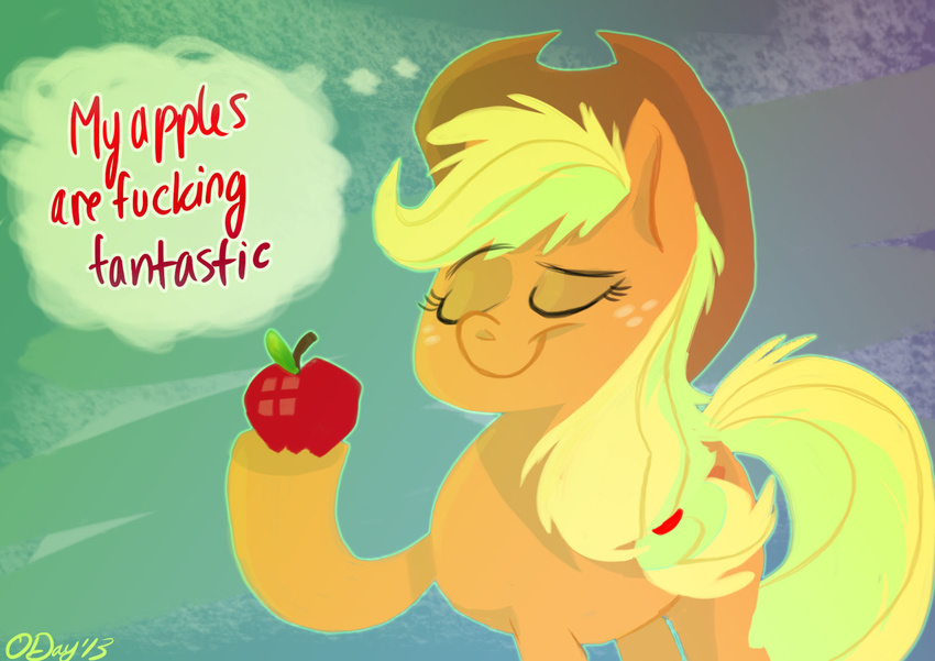 apple applejack_(mlp) blonde_hair cowboy_hat dialog english_text equine eyes_closed female feral freckles friendship_is_magic fruit graystripe64 hair hat horse leaf mammal my_little_pony pony smile solo standing text