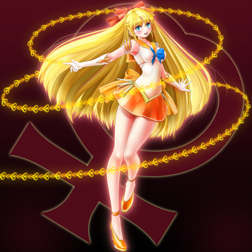 absurdres adapted_costume aino_minako back_bow bare_legs bishoujo_senshi_sailor_moon blonde_hair blue_eyes bow choker full_body gloves hair_bow half_updo highres long_hair magical_girl md5_mismatch miharin orange_choker orange_footwear orange_sailor_collar orange_skirt red_bow ribbon sailor_collar sailor_senshi_uniform sailor_venus shoes skirt smile solo strappy_heels tiara venus_love_me_chain venus_symbol white_gloves