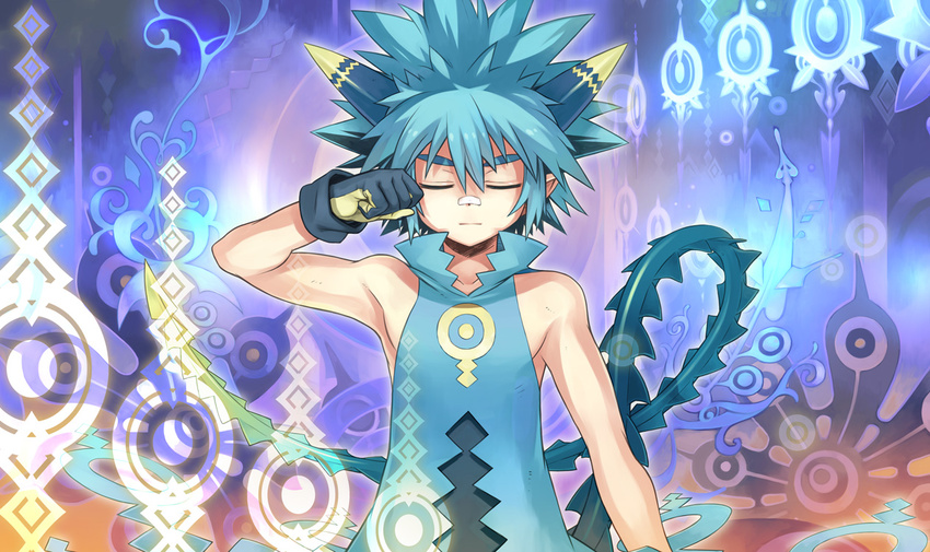 bandaid bandaid_on_nose blue_hair game_cg gloves lyurm male_focus solo spiked_hair summon_night summon_night_4