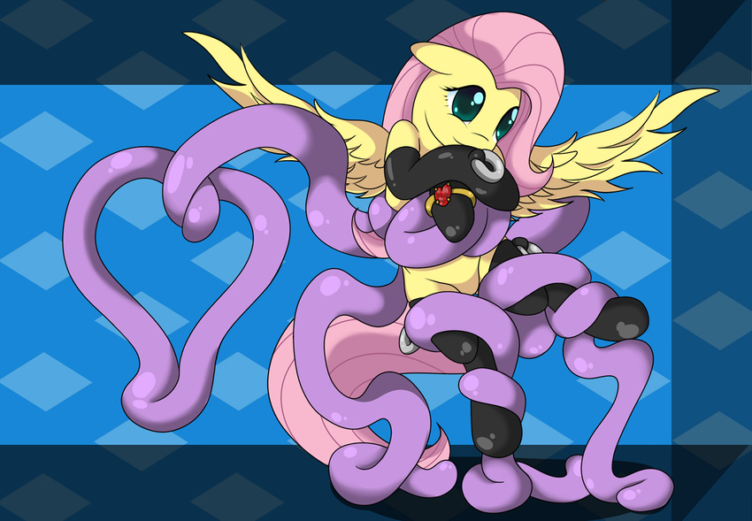 collar cutie_mark duo equine female feral flailingandflailing fluttershy_(mlp) friendship_is_magic fur garter_belt green_eyes hair horse legwear mammal my_little_pony pegasus pink_hair pony simple_background smooze solo stockings the_smooze_(mlp) wings yellow_eyes yellow_fur