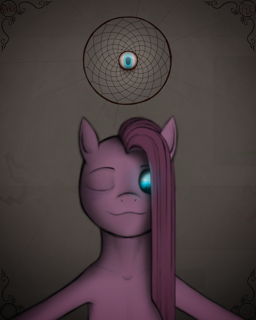 2012 blue_eyes creepy dreamcatcher english_text equine female friendship_is_magic fur hair horse looking_at_viewer mammal my_little_pony one_eye_closed pink_fur pink_hair pinkamena_(mlp) pinkie_pie_(mlp) pony qsteel solo text