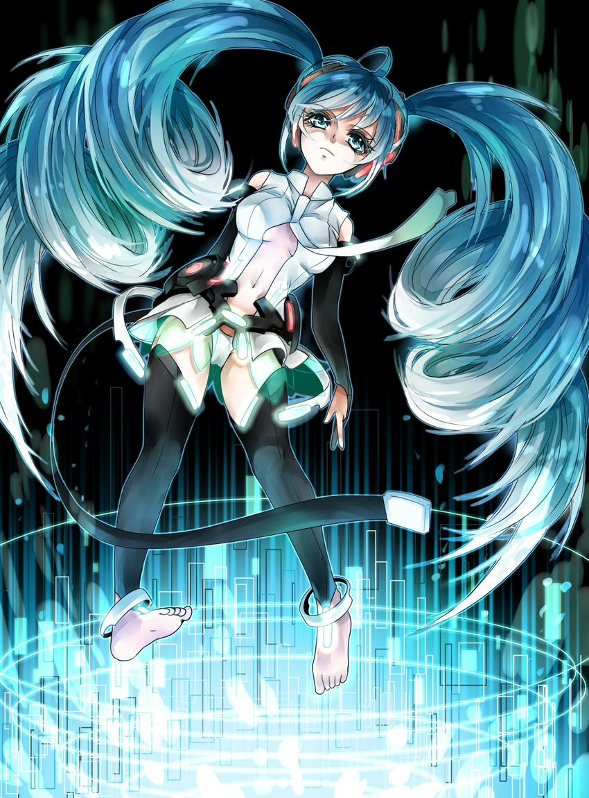 anklet aqua_eyes aqua_hair barefoot bridal_gauntlets center_opening hatsune_miku hatsune_miku_(append) highres hona_(platinum_egg) jewelry long_hair navel necktie solo thighhighs twintails very_long_hair vocaloid vocaloid_append