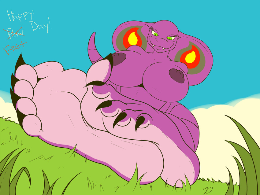 5_toes anthro arbok areola big_breasts breasts claws cloud fangs female foot_focus grass green_eyes grey_skin hindpaw huge_breasts human_feet nintendo nipples nude outside paws plantigrade pok&#233;mon pok&#233;morph pok&eacute;mon pok&eacute;morph presenting presenting_feet purple_nipples purple_skin red_skin sabrina sebrina_arbok sitting sky smile soles solo teeth toe_claws toes video_games yellow_skin zp92