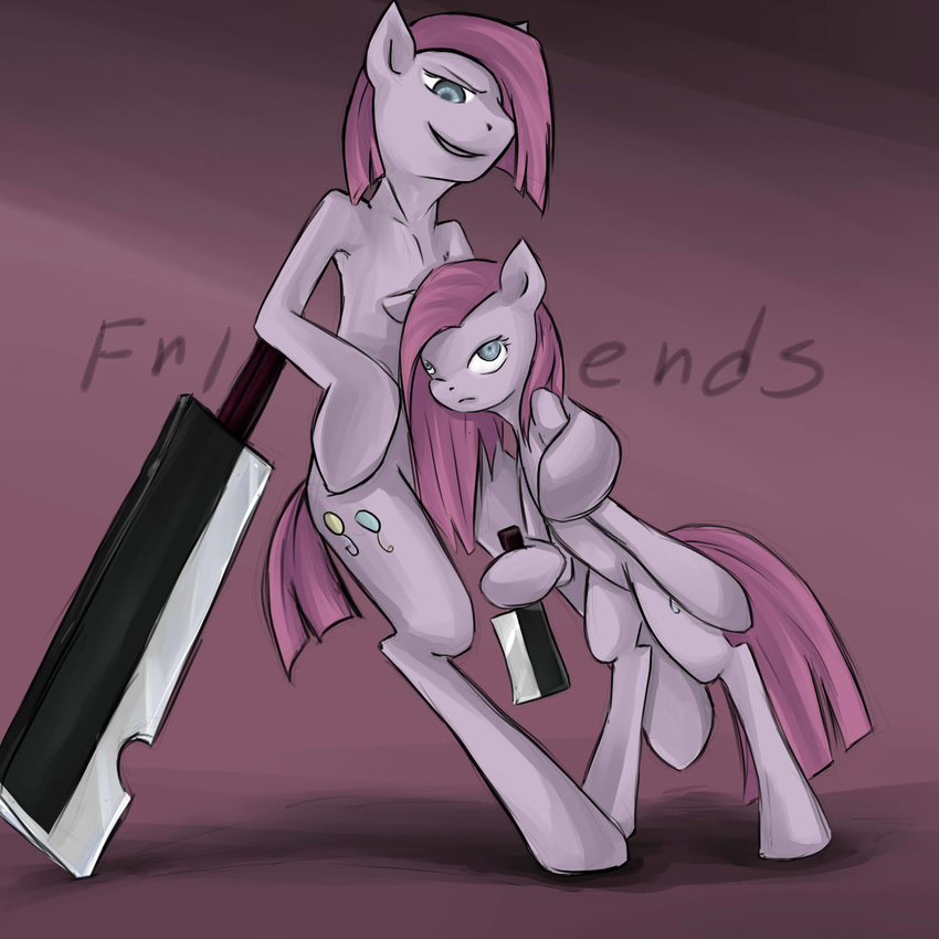 blue_eyes couple crossgender cutie_mark dual_persona duo english_text equine female friendship_is_magic fur hair hair_over_eye horse insanitylittlered knife long_hair looking_at_viewer male mammal my_little_pony pink_fur pink_hair pinkamena_(mlp) pinkie_pie_(mlp) pony square_crossover straight_hair text zanbato