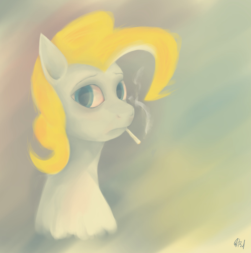 2012 blonde_hair blue_eyes equine female friendship_is_magic fur hair horse mammal mouth_hold my_little_pony pegasus pony portrait qsteel smoking solo surprise_(mlp) white_fur wings
