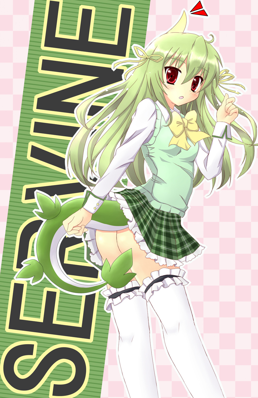 absurdres dress gen_5_pokemon green_hair highres long_hair looking_at_viewer personification pokemon red_eyes servine solo tail thighhighs toni_(artist)