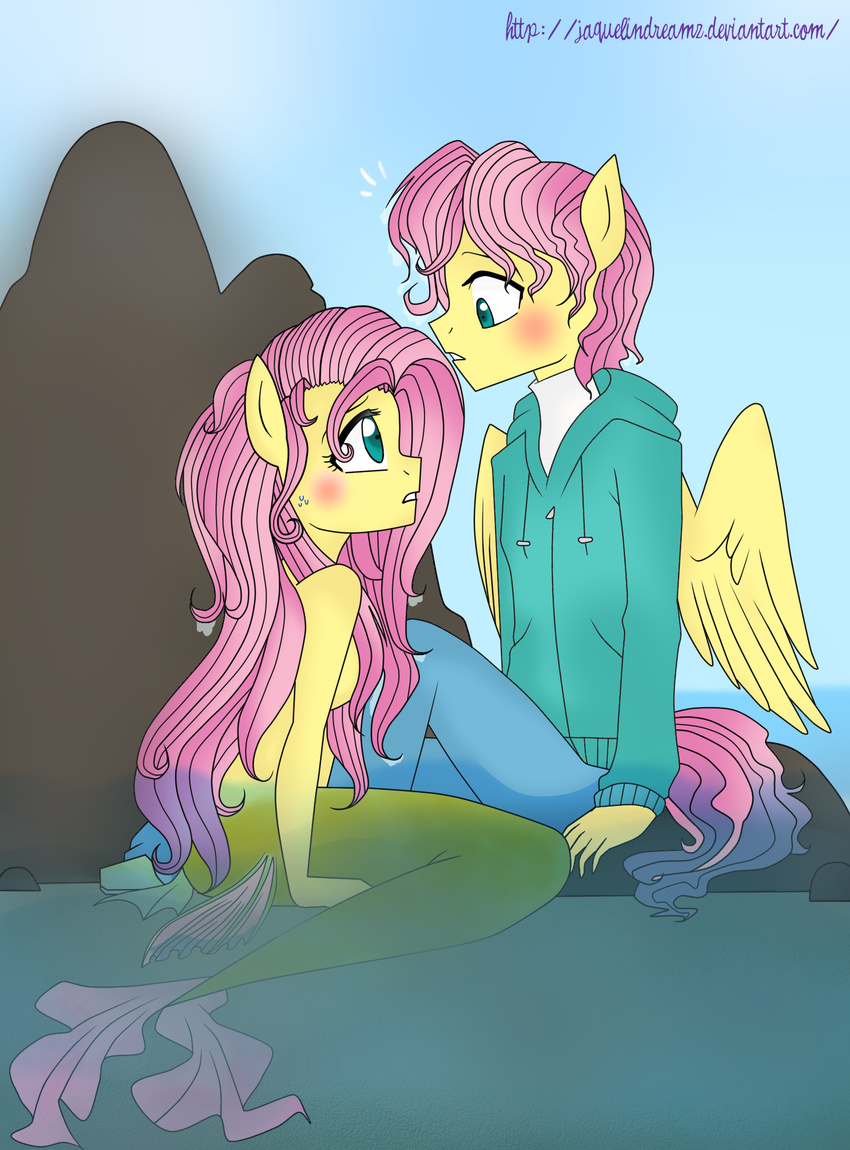 anthro anthrofied blush breasts clothing crossgender cyan_eyes embarrassed equine eye_contact feathers female fluttershy_(mlp) friendship_is_magic fur hair horse jaquelindreamz long_hair looking_at_viewer male mammal mermaid my_little_pony open_mouth pegasus pink_hair pony rock side_boob sky square_crossover water wet wings yellow_fur
