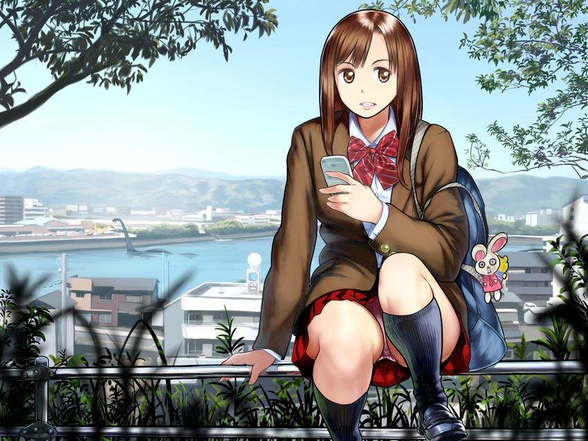 bag bow brown_eyes brown_hair cellphone cityscape keychain loch_ness_monster long_hair original panties pantyshot pantyshot_(sitting) phone pink_panties railing school_uniform sitting solo twinpoo underwear