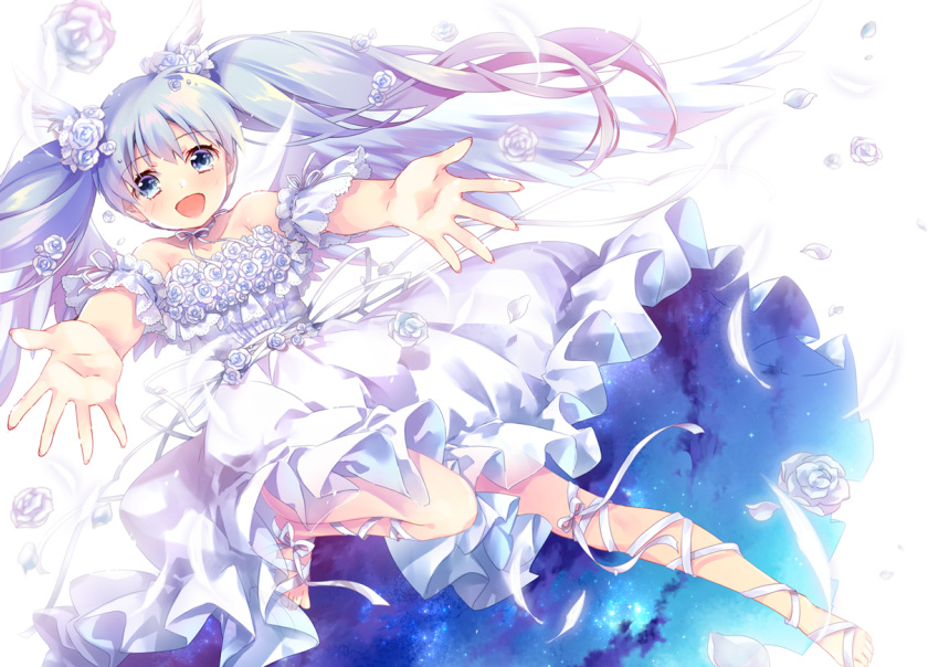 1girl bare_shoulders barefoot blue_eyes blue_hair dress ech eyebrows_visible_through_hair flower long_hair looking_at_viewer open_mouth outstretched_arms ribbon solo tagme_(character) tama_(wixoss) twintails white_dress wixoss