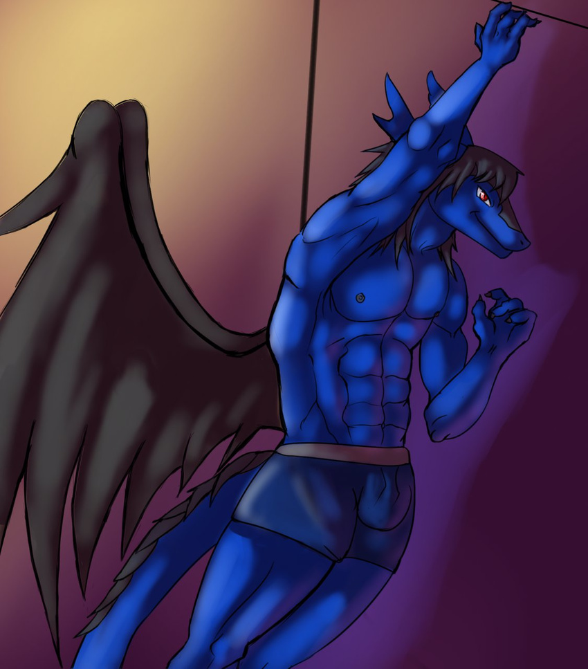 anthro asher_tail biceps black_hair blue_skin boxer boxers bulge claws dragon grey_nipples hair invalid_color invalid_tag male muscles nipples pecs pose red_eyes reptile scales scalie shi'ran_z'yon shiran_zyron solo standing toned topless underwear windragon wings