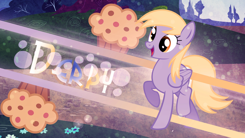 blonde_hair bubble bubbles bush bushes derpy_hooves_(mlp) dj-apple-sound english_text equine female feral flower food friendship_is_magic fur glowing grass grey_fur hair horse lines mammal muffin my_little_pony open_mouth orbs outside path pegasus pony sky smile solo spots text tongue tree wings yellow_eyes