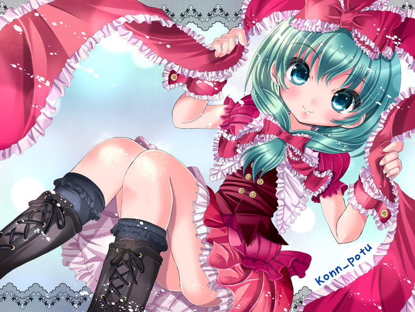 bad_id bad_pixiv_id boots frills front_ponytail green_eyes green_hair hair_ribbon kagiyama_hina konpotsu ribbon solo thighs touhou