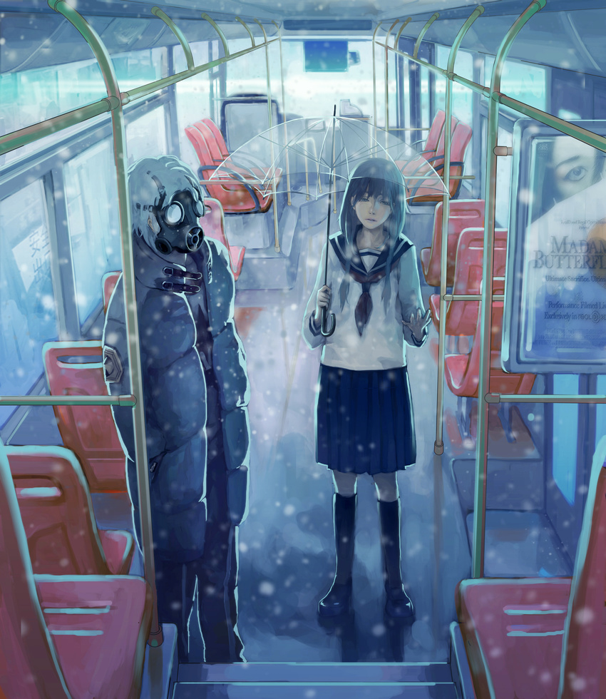 1girl absurdres amo11315 bus chinese_commentary coat commentary_request gas_mask ground_vehicle highres motor_vehicle original school_uniform snowing transparent transparent_umbrella umbrella