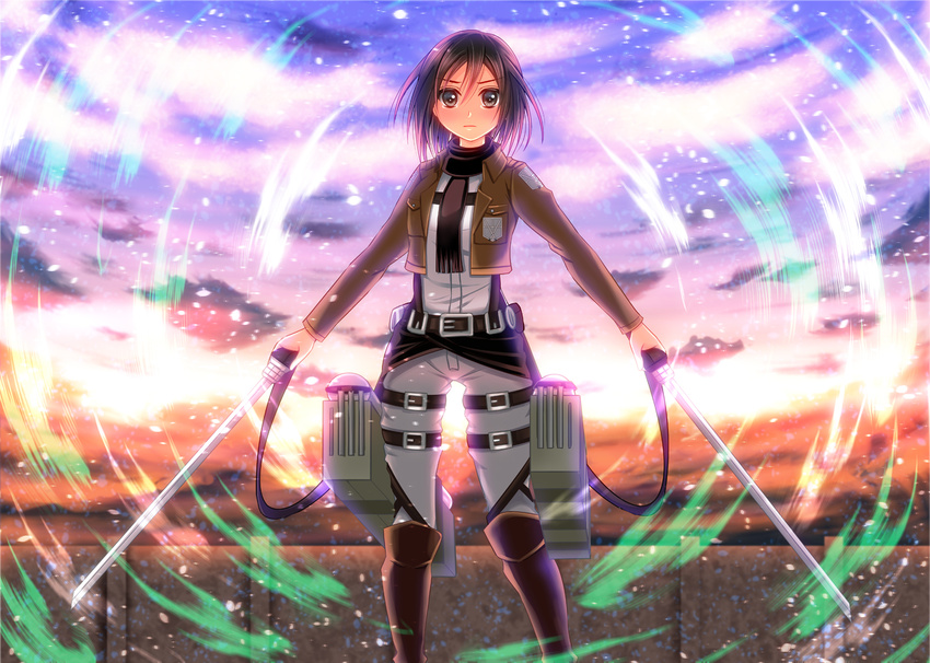 bad_id bad_pixiv_id belt boots brown_eyes brown_hair buckle cloud jacket long_sleeves mikasa_ackerman pants paradis_military_uniform scarf shingeki_no_kyojin short_hair sky solo sword thigh_strap three-dimensional_maneuver_gear weapon yuzukaze_rio