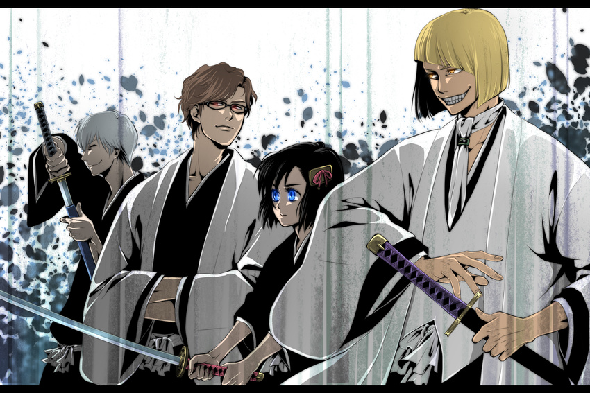 1girl 3boys ai_(ai1470) aizen_sousuke black_hair bleach blonde_hair blue_eyes brown_eyes brown_hair eyes_closed glasses glowing glowing_eyes grin hair_ornament haori highres hinamori_momo hirako_shinji ichimaru_gin japanese_clothes multiple_boys short_hair smile squinting sword taichou_haori weapon white_hair yellow_eyes