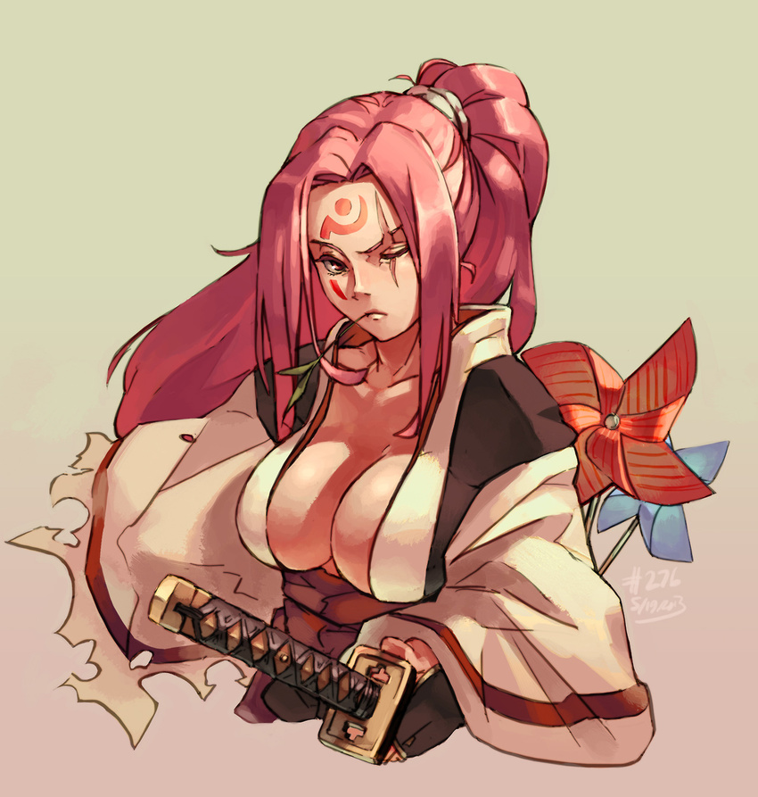 1girl amputee arc_system_works baiken breasts bust cleavage dated drinking_straw facial_tattoo fingerless_gloves gloves guilty_gear hand_on_hilt highres japanese_clothes junkpuyo kataginu katana kimono large_breasts long_hair mouth_hold no_bra obi one-eyed open_clothes open_kimono pink_eyes pink_hair pinwheel ponytail sash scar scar_across_eye scrunchie simple_background solo straw sword tattoo torn_clothes upper_body weapon
