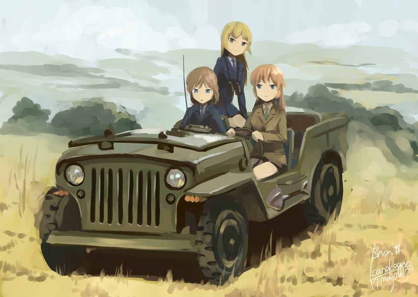 artist_name blonde_hair blue_eyes brown_eyes brown_hair car cecilia_e_harris charlotte_e_yeager dated ground_vehicle highres jeep kanokoga long_hair marian_e_carl military military_uniform military_vehicle motor_vehicle multiple_girls necktie noble_witches radio_antenna sketch spade_(shape) strike_witches uniform world_witches_series