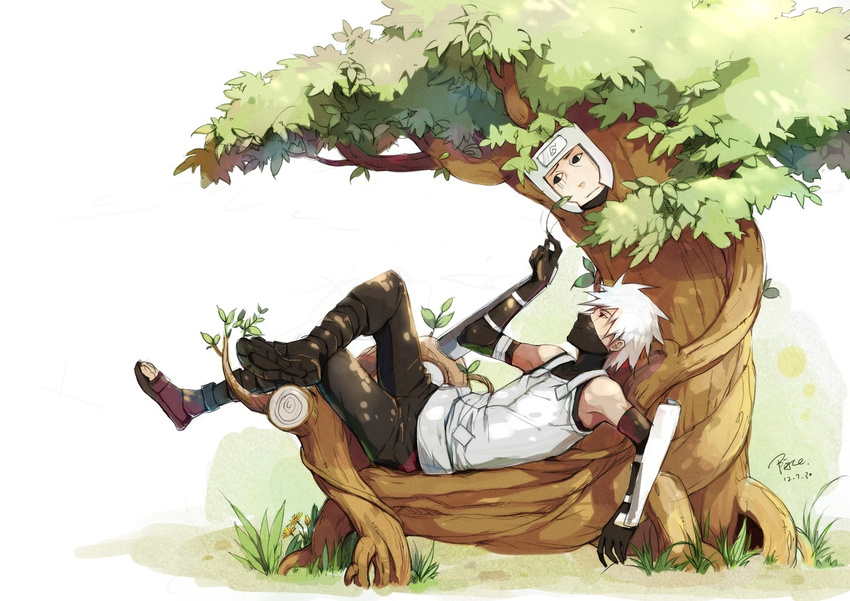 black_eyes dated grass hatake_kakashi leaf linjie lying male_focus multiple_boys naruto naruto_(series) naruto_shippuuden red_eyes signature tree white_hair yamato_(naruto)