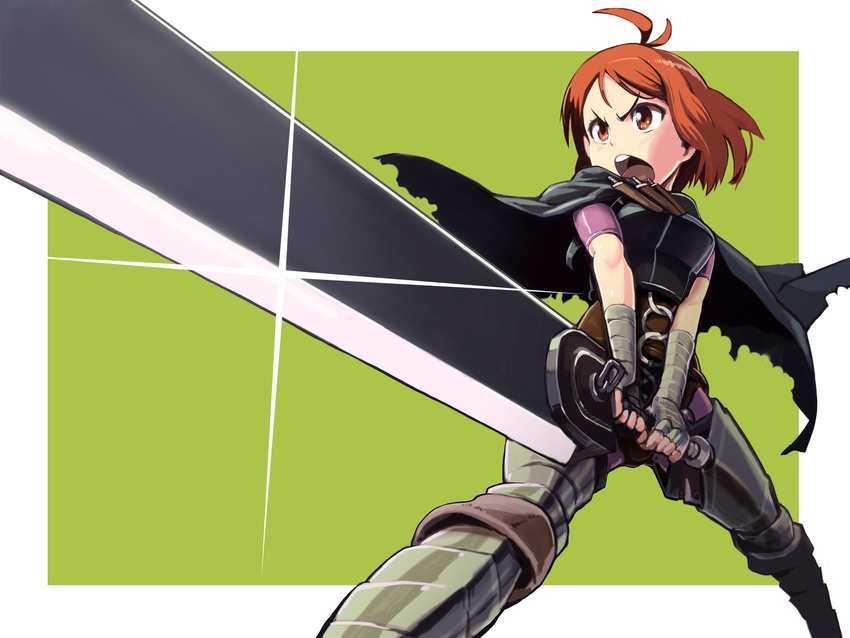 alternate_costume antenna_hair bandages berserk boots brown_eyes brown_hair cape cosplay dragonslayer_(sword) greatsword guts guts_(cosplay) hidaka_ai highres idolmaster idolmaster_dearly_stars kousaku open_mouth sheath short_hair solo sunrise_stance sword weapon