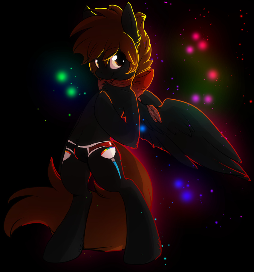 anthrofied bow brown_eyes brown_hair brown_tail bulge character color_void cutie_mark dark_background equine girly hair hooves horse kaju_inu looking_at_viewer male mammal my_little_pony original_character pegasus pony smile solo trap underwear wings