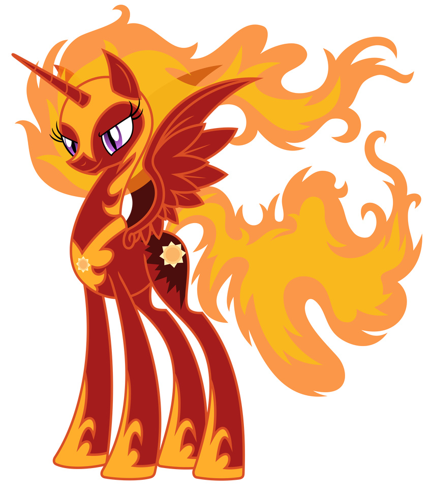 absurd_res armor cutie_mark equine female feral fire friendship_is_magic fur hi_res horn horse mammal my_little_pony plain_background pony princess princess_celestia_(mlp) purple_eyes red_fur royalty smile solar_flare_(mlp) solo theholytuna warm_colors winged_unicorn wings