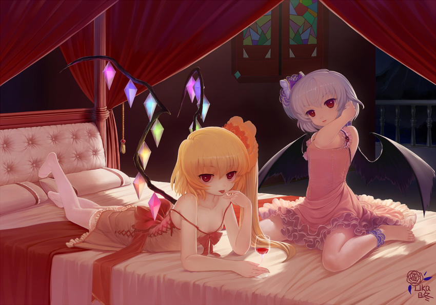 :p alternate_costume barefoot bat_wings bed blonde_hair blue_hair blush canopy_bed cup drinking_glass flandre_scarlet long_hair looking_at_viewer lying multiple_girls on_bed on_stomach red_eyes remilia_scarlet short_hair siblings sisters sitting smile strap_slip thighhighs tongue tongue_out touhou wariza white_legwear wine_glass wings zimajiang