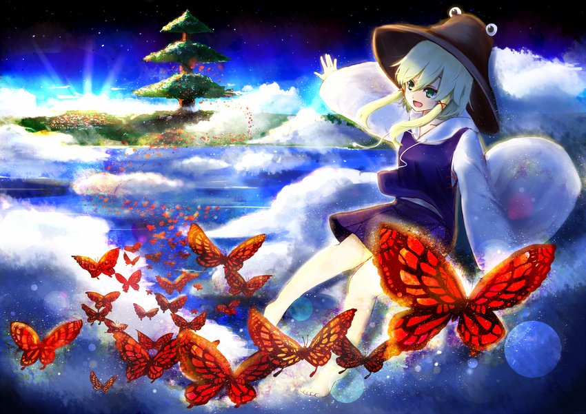 blonde_hair bug butterfly cloud green_eyes hat highres insect island koga_rejini moriya_suwako open_mouth ribbon short_hair skirt smile touhou tree