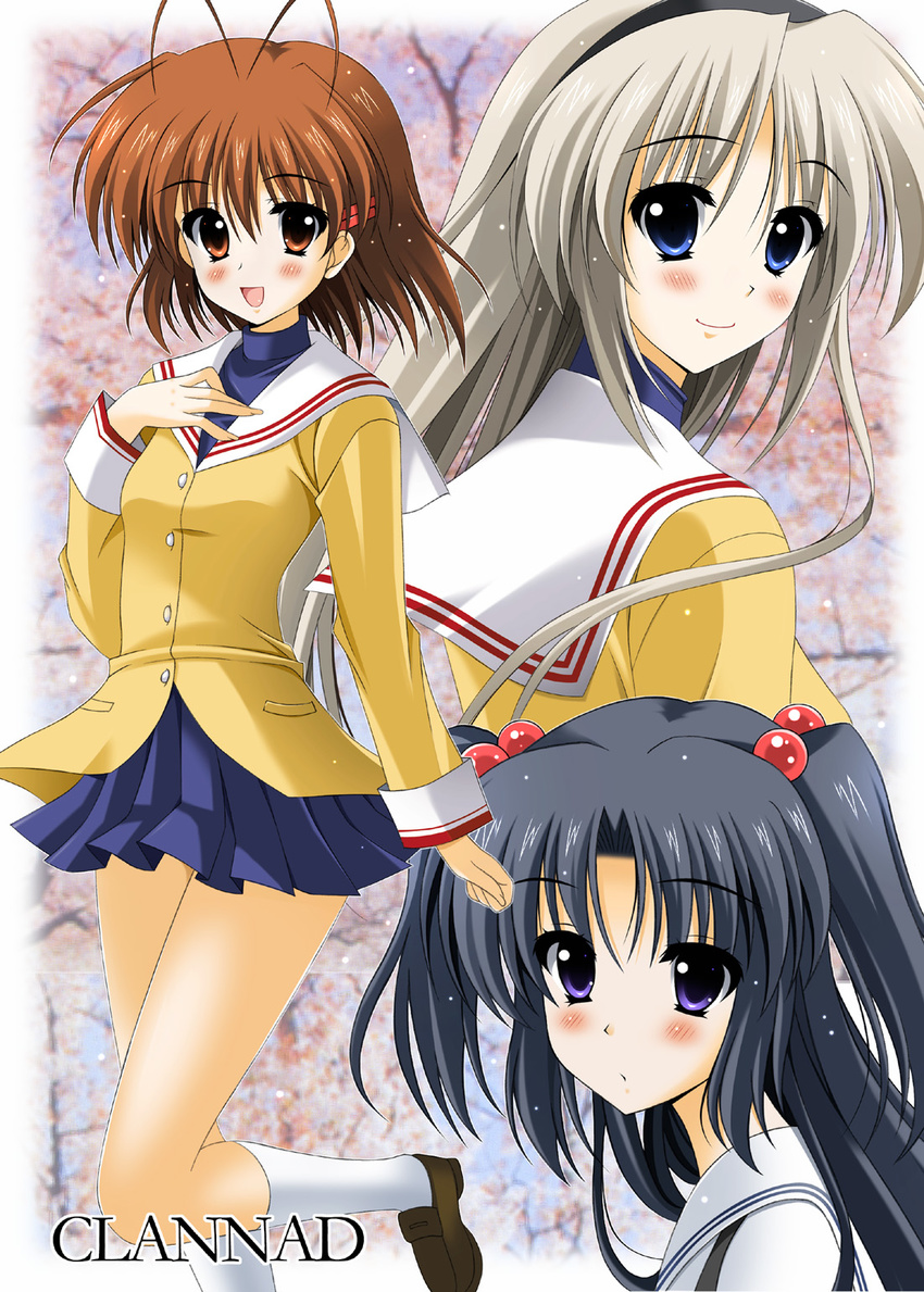 black_hair blue_eyes brown_eyes brown_hair clannad furukawa_nagisa hairband highres hikarizaka_private_high_school_uniform ichinose_kotomi multiple_girls oda_ken'ichi sakagami_tomoyo school_uniform serafuku silver_hair two_side_up