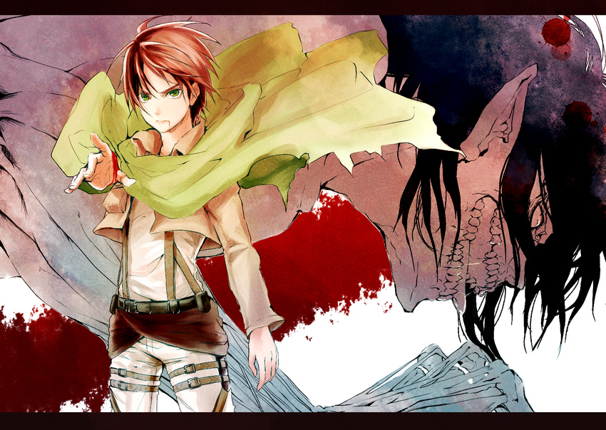 bad_id bad_pixiv_id belt blood brown_hair cape eren_yeager green_eyes highres jacket muscle paradis_military_uniform risaayu rogue_titan shingeki_no_kyojin short_hair spoilers teeth thigh_strap