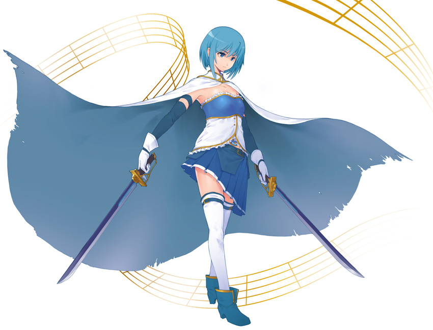 belt blue_eyes boots breasts cape detached_sleeves dual_wielding gloves highres holding magical_girl mahou_shoujo_madoka_magica miki_sayaka orz_(orz57) pleated_skirt short_hair skirt small_breasts solo sword thighhighs weapon white_gloves white_legwear