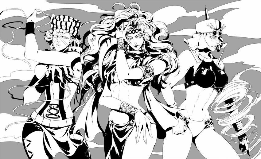 battle_tendency breasts dkaki earrings esidisi facial_mark genderswap genderswap_(mtf) greyscale hat horns jewelry jojo_no_kimyou_na_bouken kars_(jojo) large_breasts loincloth long_hair midriff monochrome multiple_girls short_hair tattoo turban vambraces veins wamuu wind