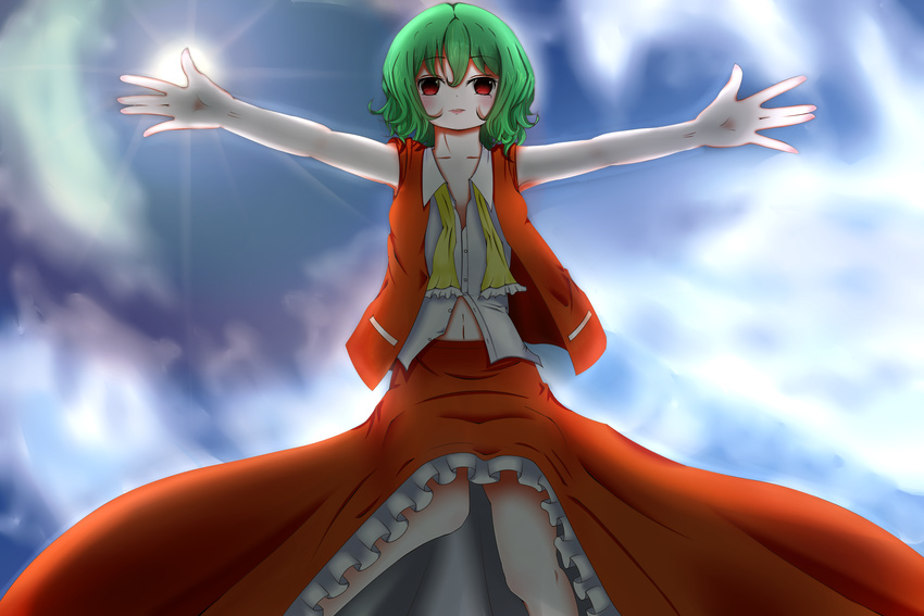 \||/ ascot backlighting blue_sky cloud collarbone from_below green_hair highres kazami_yuuka kuronekomercy lens_flare lips looking_at_viewer mole navel open_clothes open_hand open_shirt outstretched_arms parted_lips red_eyes shirt short_hair skirt sky solo spread_arms sun touhou vest