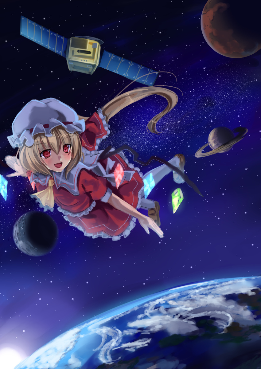 absurdres ascot bad_id bad_pixiv_id blonde_hair earth flandre_scarlet flying full_moon hat hat_ribbon heart heart-shaped_pupils highres lio looking_away mars milky_way mob_cap moon open_mouth outstretched_arm pantyhose red_eyes ribbon satellite saturn short_hair side_ponytail skirt skirt_set solo space star_(sky) sun symbol-shaped_pupils touhou wings