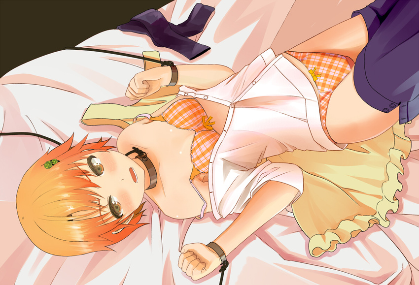apron bare_shoulders bdsm bed_sheet blush bondage bound bow bow_bra bow_panties bra breasts collarbone cuffs hair_ornament inami_mahiru leash lying matsumoto_ryou on_back open_clothes open_mouth orange_eyes orange_hair panties plaid plaid_bra plaid_panties restrained rope shirt short_hair skirt skirt_pull slave small_breasts solo strap_slip tears underwear uniform waitress working!!